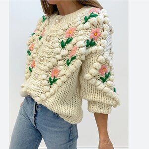 VITA GRACE Cream and Pink Floral Chunky Button Cardigan Sweater size )S